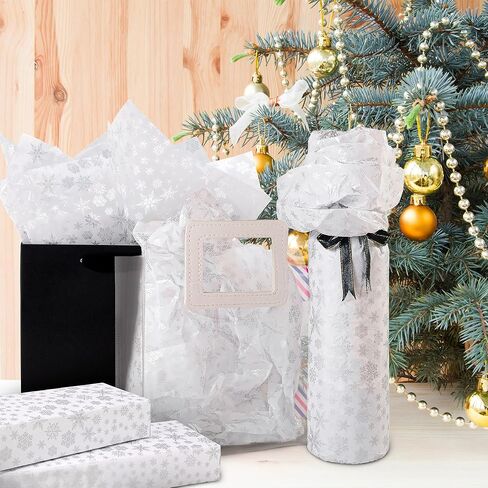MR FIVE 60 ورقة بيضاء مع مجموعة مناديل ورق ندفة الثلج الفضية، 35.56 سم × 50.8 سم، ورق مناديل عيد الميلاد ندفة الثلج لأكياس الهدايا، ورق مناديل ندفة الثلج الفضية لحفلة عيد الميلاد in Kuwait