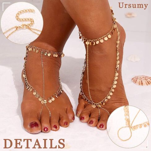 Ursumy 2PS Gold Ankle Bracelets Layered Sequins Anklet Barefoot Sandals Ankle for Women in Saudi Arabia