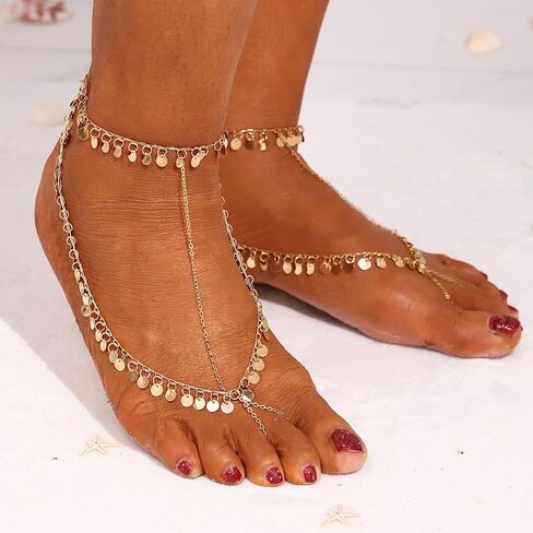 Ursumy 2PS Gold Ankle Bracelets Layered Sequins Anklet Barefoot Sandals Ankle for Women in Saudi Arabia