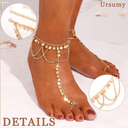 Ursumy 2PS Gold Ankle Bracelets Layered Sequins Anklet Barefoot Sandals Ankle for Women in Kuwait