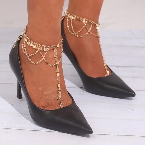 Ursumy 2PS Gold Ankle Bracelets Layered Sequins Anklet Barefoot Sandals Ankle for Women in Kuwait