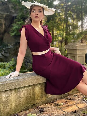 Miusol Women's Retro V-Neck Business Ruffle Style Cocktail Party Dress in Saudi Arabia