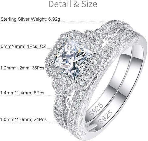 0.8ct الأميرة قطع خاتم الخطوبة مجموعات 6X6mm الأبيض AAA سوليتير مكعب زركونيا خاتم الخطوبة مجموعة 925 الفضة الاسترليني خاتم الزفاف مجموعة للنساء حجم 7 in Kuwait