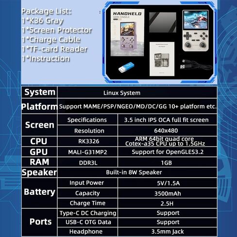 K36 Handheld Game Console 3.5-in 640*480 IPS OCA Screen 3500mAh RK3326 Opensource System Black Transparent in Kuwait