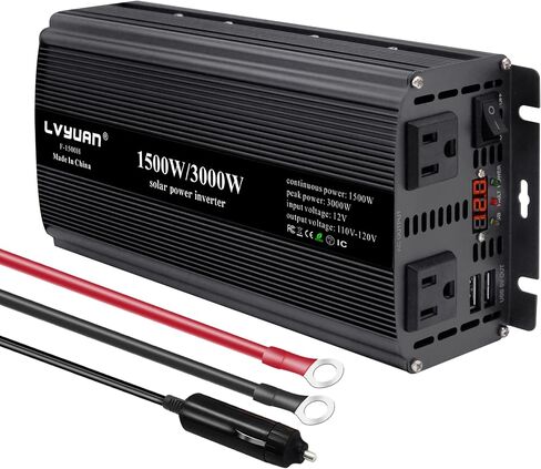 LVYUAN 1500W Car Power Inverter 12V to 110V DC to AC with 2 US Sockets, Cigarette Lighter, LED Display, USB Ports for Car, Home,Truck, Outdoor, Camping in Kuwait