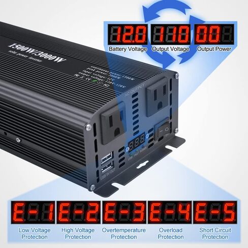 LVYUAN 1500W Car Power Inverter 12V to 110V DC to AC with 2 US Sockets, Cigarette Lighter, LED Display, USB Ports for Car, Home,Truck, Outdoor, Camping in Kuwait