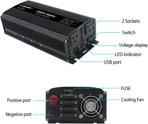 LVYUAN 1500W Car Power Inverter 12V to 110V DC to AC with 2 US Sockets, Cigarette Lighter, LED Display, USB Ports for Car, Home,Truck, Outdoor, Camping in Kuwait