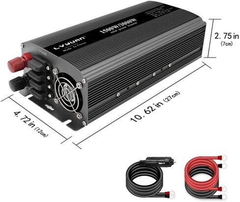 LVYUAN 1500W Car Power Inverter 12V to 110V DC to AC with 2 US Sockets, Cigarette Lighter, LED Display, USB Ports for Car, Home,Truck, Outdoor, Camping in Kuwait