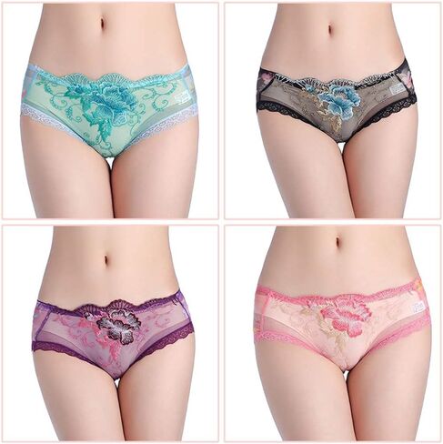 Rose Lace Embroidered Flower Panties Feminine Translucent Low Waist Ladies Briefs in Saudi Arabia