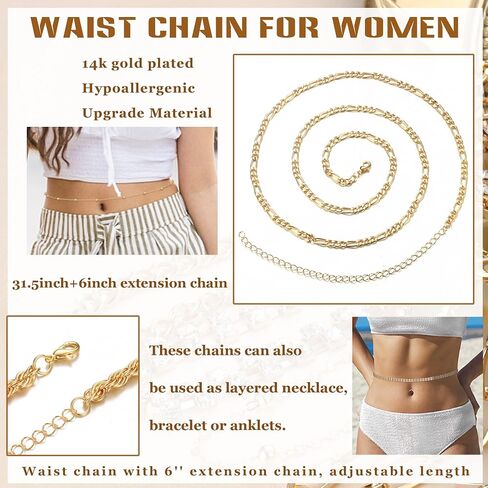 HAIAISO 12Pcs Waist Chain for Women Beach Bikini Belly Chain Rhinestone Beads Waist Chain Sexy Gold Body Chains Jewelry for Summer in Saudi Arabia