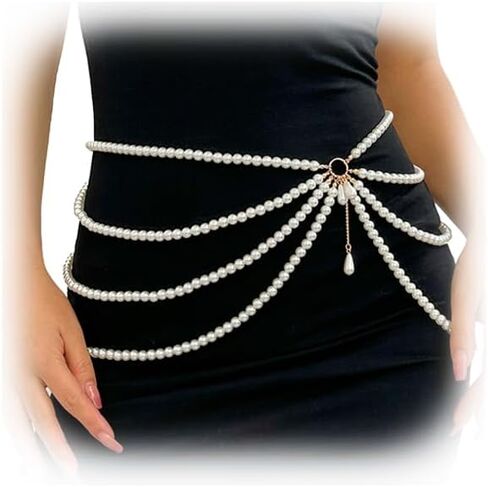 Mulit-layered Pearl Waist Chain,Sexy Summer White Pearl Waist Belly Chain Jewelry Outfit Dress Festival Rave Pearl Waist Belt for Women in Kuwait