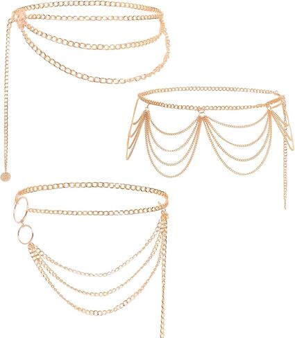 3 Pieces Belly Waist Chains for Women Multi Layer Chain Belt Multilayer Metal Body Link Belts Fashionable Belly Jewelry Adjustable Summer Beach Chain for Parties Jeans Dresses Dance Accessories in Saudi Arabia