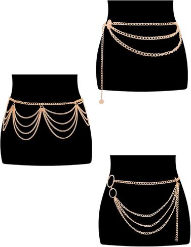 3 Pieces Belly Waist Chains for Women Multi Layer Chain Belt Multilayer Metal Body Link Belts Fashionable Belly Jewelry Adjustable Summer Beach Chain for Parties Jeans Dresses Dance Accessories in Saudi Arabia