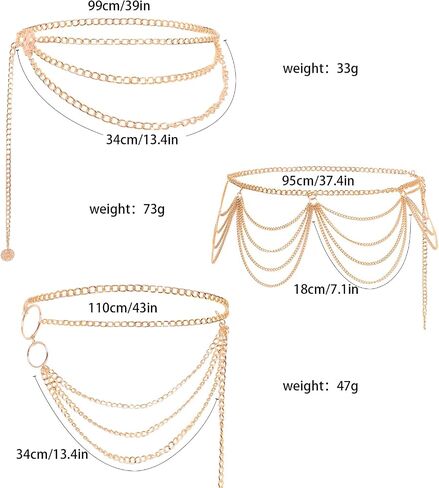 3 Pieces Belly Waist Chains for Women Multi Layer Chain Belt Multilayer Metal Body Link Belts Fashionable Belly Jewelry Adjustable Summer Beach Chain for Parties Jeans Dresses Dance Accessories in Saudi Arabia