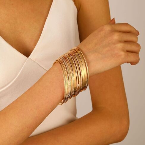FUNOJOY Gold Bangle Bracelets for Women Multi Layer Stackable Textured Bracelets Boho Jewelrys Set for Women - 10~20Pcs in Saudi Arabia