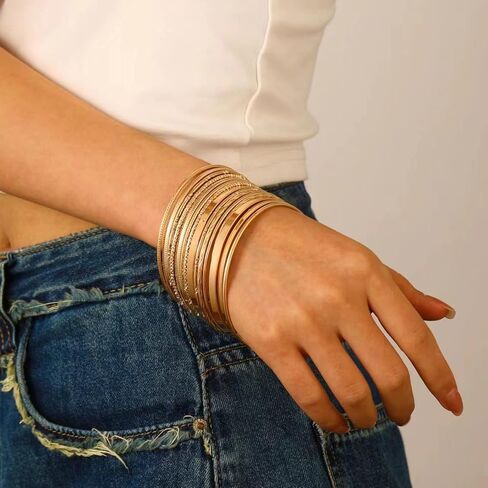 FUNOJOY Gold Bangle Bracelets for Women Multi Layer Stackable Textured Bracelets Boho Jewelrys Set for Women - 10~20Pcs in Saudi Arabia