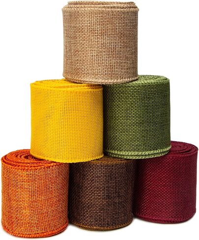 Ribbli Fall Burlap Ribbon,Natural/Yellow/Orange/Sage/Brown/Burgundy Burlap Wired Ribbon,2.5 Inch x 6 Colors Total 30 Yard, Fall Wired Ribbon for Big Bow,Wreath,Outdoor Decoration in Saudi Arabia