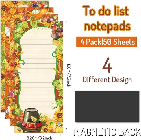 مجموعة من 4 دفاتر ملاحظات مغناطيسية من Whaline، قائمة عيد الشكر، لوحة ورقية للمهام الخريفية، قائمة تسوق بقالة الخريف، لوحة مذكرة بنمط تركيا للحصاد، لوحة خدش للتذكير بالثلاجة، 7.5 × 3.2 بوصة in Kuwait