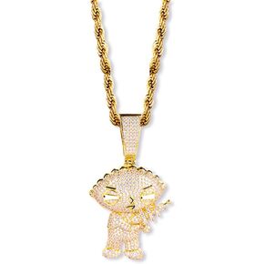 Gold Nation Jewelry Unisex Stewie Griffin Pendant from the Family Guy series - Iced Out Cubic Zirconia AAA+ Quality Necklace 14K Yellow Gold Plated Over Premium Brass for Men & Women, Big