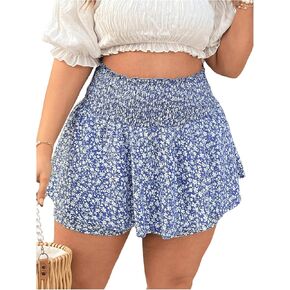 MakeMeChic Women's Plus Size Ditsy Floral Layered Ruffle Shirred High Waist Wide Leg Shorts