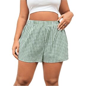OYOANGLE Women's Plus Size Plaid Print Elastic Waist Shorts Straight Leg Track Shorts Summer Lounge Shorts