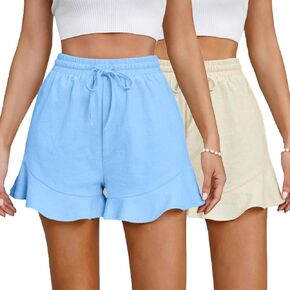 2 Pack Linen Shorts for Women, Drawstring Elastic Waist Ruffle Hem Summer Beach Lounge Shorts