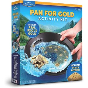 Gold Panning Kit for Kids - Kids Gold Mining Kit, Learn to Pan for Gold, Includes Pay Dirt with Real Pyrite Specimens, Reusable Gold Panning Pan, Vial, Tweezers & More, Prospecting Kit