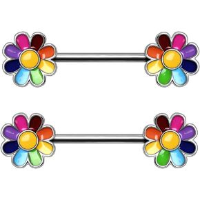 Pierced Owl 14GA Stainless Steel Rainbow Flower Nipple Barbells, Sold as a Pair