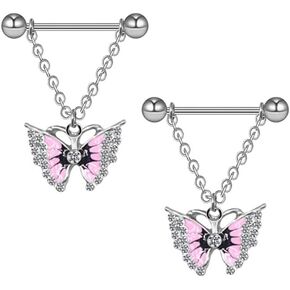 14G Pink Butterfly Dangle Nipple Rings for Women Surgical Steel Cubic Zircon Chains Dangling Nipplerings Nipple Studs Piercing Barbell Body Piercing Jewelry