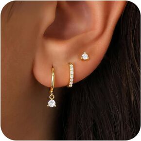 Dainty Gold Huggie Hoop Earrings Set for Women, 14K Small Stud Earrings for Multiple Piercing Hypoallergenic Lightweight Trendy Jewelry, Cute Dangle Cubic Zircon Stack Cartilage Earrings for Women's Gifts 3 Pairs