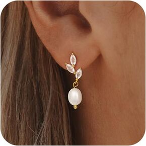 Pearl Earrings for Women - Gold Earrings for Women Trendy Gold Hoop Earrings for Women Pearl Dangle Earrings for Women 14K Gold Jewelry for Women with Zircon Bow | Teardrop | Zircon Leaf