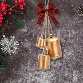 Christmas Cow Bells Lucky Cow Bell Christmas Hanging Bells with Plaid Bow Giant Christmas Decoration Bell Antique Gold Brass Wall Hanging Bell Country Style Bell Ornaments for Xmas Tree