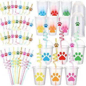 48 Sets Colorful Dog Paw Print Sippy Cups with Straws and Lids, 12 oz Clear Plastic Cups Dog Paw Party Cups with Dome Lids for Dog Paw Theme Baby Shower Birthday Party Supplies