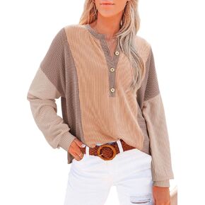 Dokotoo Womens Casual Color Block Knitted Long Sleeve Shirts for Women Loose V Neck Button Down Pullover Blouses Tops