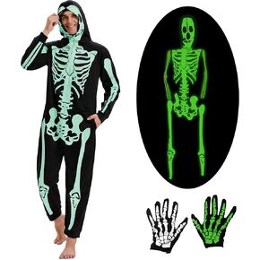 Halloween Skeleton Costume for Adult, Double Sided Glow-in-the-Dark Skeleton Jumpsuit Costume Accessories Set, Unisex