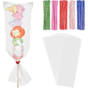 Clear Candy Bags,100 Pcs 4x11 Inch Plastic Cookie Bags, Long Treat Bags Set with 5 Mix Colors Twist Ties, Gift Wrap Supplies for Birthday Party Favor Packaging Pretzel Bread Donut Lollipop