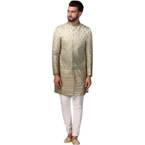 KISAH Men's Indo Western Sherwani Trouser Set, Green Silk Blend, Embroidered Regular Fit Mandarin Collar Long Sleeves