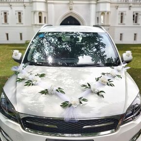 Wedding Car Decorations - Just Married Floral Bouquet & Ribbon Set, Ideal for Elegant Wedding Party Decor