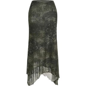 Verdusa Women's Floral Print Mesh Asymmetrical Hem Midi Skirt High Waist Casual Long Skirts