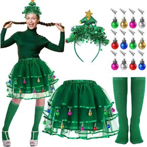 JenPen 4Pcs Christmas Tree Costumes for Women Christmas Tutu Skirt Christmas Tree Headband Socks Xmas Tree Outfit for Costume