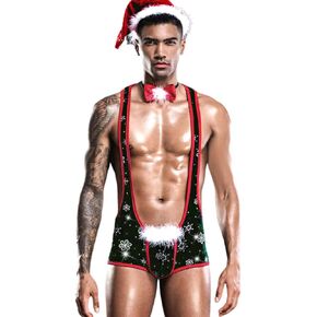 Men's Sexy Christmas Lingerie, Hat Wrestling Singlet 3Pcs Santa Costume