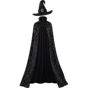 GRAJTCIN Women's Witch Cape Wizard Vampire Full Length Shiny Star Velvet Cloak with Witch Hat Halloween Christmas Costume Set