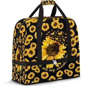 Travel Duffel Bag Summer Sunflower Art Butterfly Sport Gym Bag for Woman Man,Waterproof Foldable Weekend Overnight Bag for Yoga Workout Training with Shoe Compartment