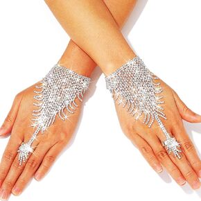 Silver Fingerless Gloves Sparkle Rhinestone Gloves Metal Adjustable Hand Chain Jewelry Accessories for Women