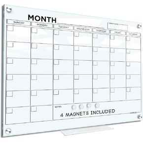 Magnetic 18"x24" Glass Whiteboard Calendar Planner White Board Calendar Dry Erase Board Dry Erase Calendar for Wall Monthly Glass Calendar Whiteboard Home Office Large Wall Calendar 2024 & Marker Tray