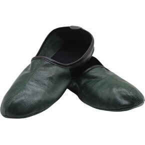 Mens Indoor Leather Slippers Dark Green Traditional Babouche House Shoes Barefoot Moccasin