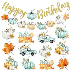 Fall Birthday Party Decorations, Fall Birthday Decorations includes Happy Birthday Banner and Pumpkin Birthday Decorations Hanging Swirls, Fall Pumpkin Decorations for Fall Themed Birthday Decorations