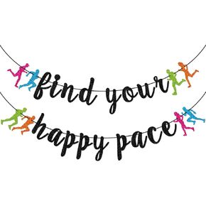 FOZEE Find Your Happy Pace Banner, Runner Party Decor, Running Race Glitter Banner, Running Birthday Party Banner, Marathon Party Decorations, Black Glitter