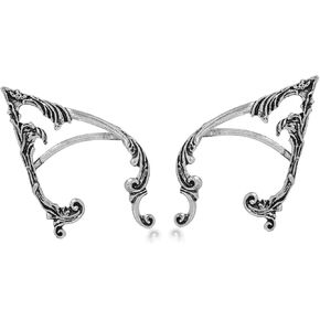 Caiyao 2pcs Gothic Elves Ear Cuff Piercing Cartilage Climber Ear Wrap Retro Silver Black Stud Earrings Punk Hip Hop Clip on Statement Earrings Gift for Women