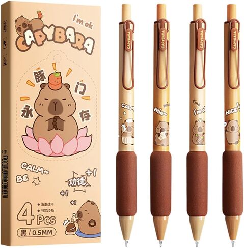 4 Pcs Cute Retractable Pens Cartoon Capybara Pen 0.5mm Black Ink Pen Soft Grip Writing Pens Gel Ink Pens Aesthetic Pens Office School Supplies for Girls Boys Women Men (Capybara) in Saudi Arabia